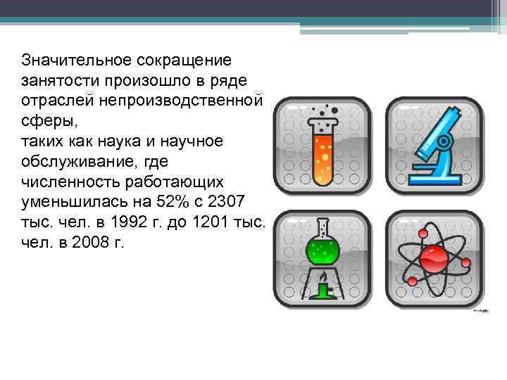 Значительное сокращение занятости произошло в ряде отраслей непроизводственной сферы, таких как наука и научное