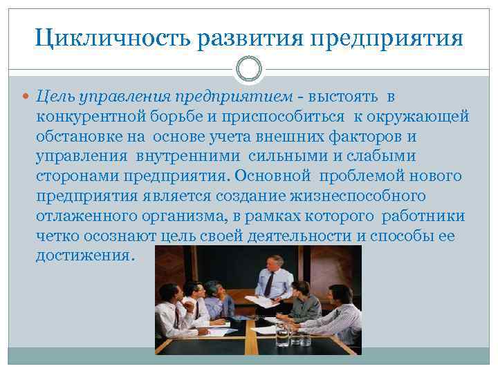 Цикличность развития предприятия Цель управления предприятием - выстоять в конкурентной борьбе и приспособиться к