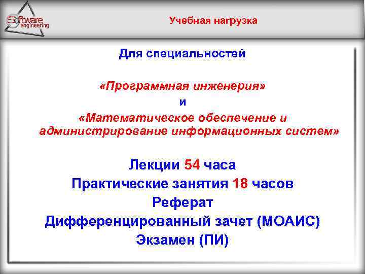 Учебная нагрузка Для специальностей «Программная инженерия» и «Математическое обеспечение и администрирование информационных систем» Лекции