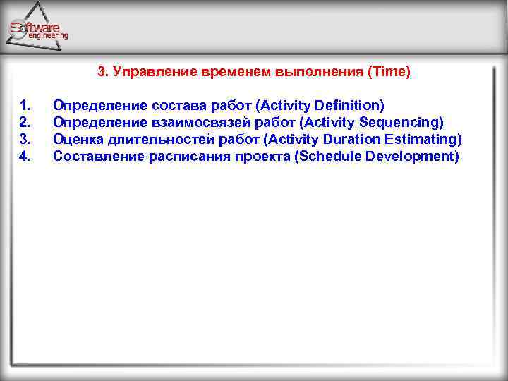 3. Управление временем выполнения (Time) 1. 2. 3. 4. Определение состава работ (Activity Definition)