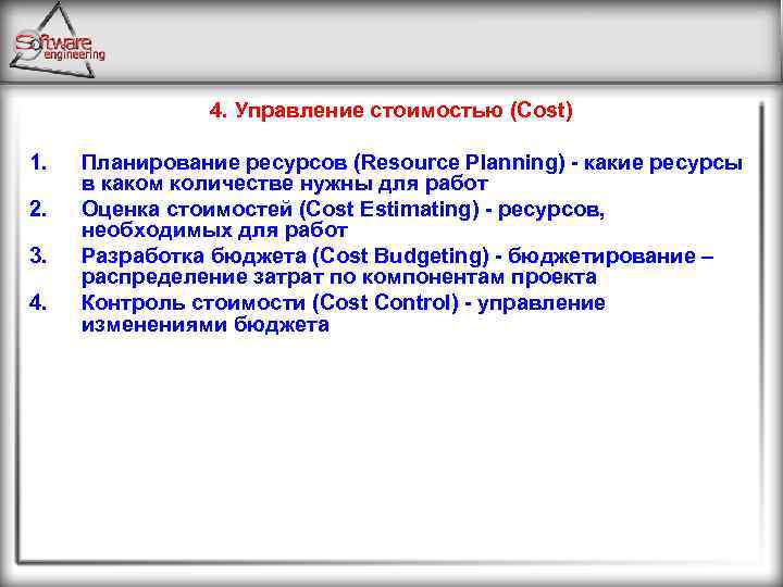 4. Управление стоимостью (Cost) 1. 2. 3. 4. Планирование ресурсов (Resource Planning) - какие