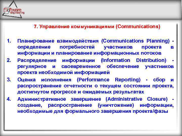  7. Управление коммуникациями (Communications) 1. 2. 3. 4. Планирование взаимодействия (Communications Planning) -
