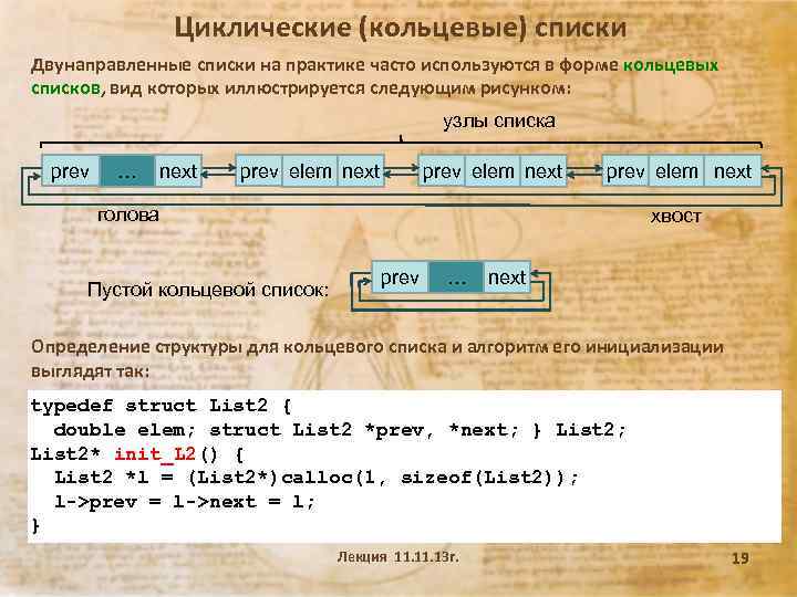 Циклические (кольцевые) списки Двунаправленные списки на практике часто используются в форме кольцевых списков, вид