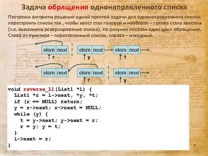 Задача обращения однонаправленного списка Построим алгоритм решения одной простой задачи для однонаправленного списка: перестроить