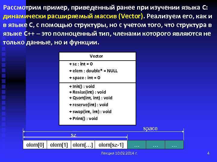 Рассмотрим пример, приведенный ранее при изучении языка С: динамически расширяемый массив (Vector). Реализуем его,