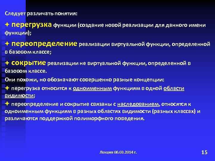 Следует различать понятия: перегрузка функции (создание новой реализации для данного имени функции); переопределение реализации