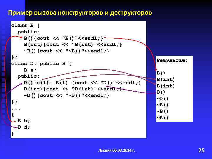 Пример вызова конструкторов и деструкторов class B { public: B(){cout << 