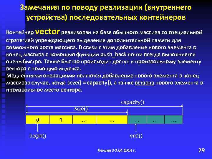 Замечания по поводу реализации (внутреннего устройства) последовательных контейнеров vector Контейнер реализован на базе обычного
