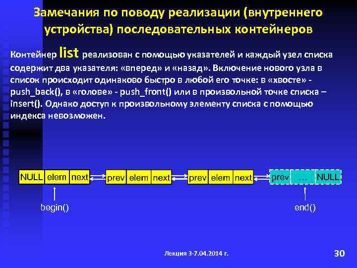 Замечания по поводу реализации (внутреннего устройства) последовательных контейнеров list Контейнер реализован с помощью указателей