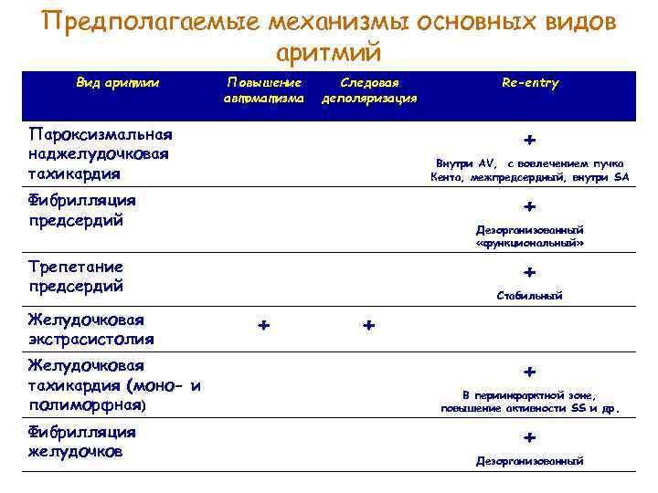 Предполагаемые механизмы основных видов аритмий Вид аритмии Повышение автоматизма Следовая деполяризация + Пароксизмальная наджелудочковая