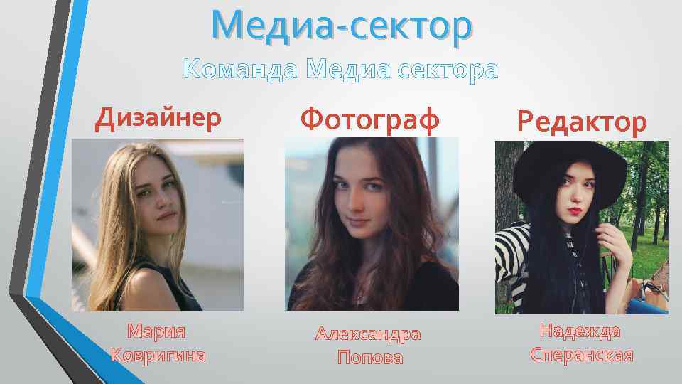 Медиа-сектор Команда Медиа сектора Дизайнер Фотограф Редактор 