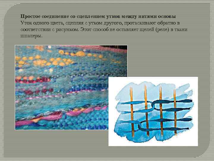 Простое соединение со сцеплением утков между нитями основы Уток одного цвета, сцепляя с утком