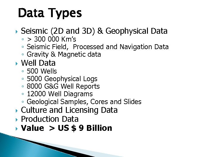 Data Types Seismic (2 D and 3 D) & Geophysical Data Well Data ◦