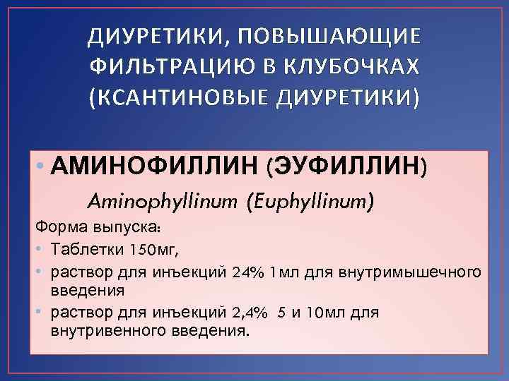 ДИУРЕТИКИ, ПОВЫШАЮЩИЕ ФИЛЬТРАЦИЮ В КЛУБОЧКАХ (КСАНТИНОВЫЕ ДИУРЕТИКИ) • АМИНОФИЛЛИН (ЭУФИЛЛИН) Aminophyllinum (Euphyllinum) Форма выпуска: