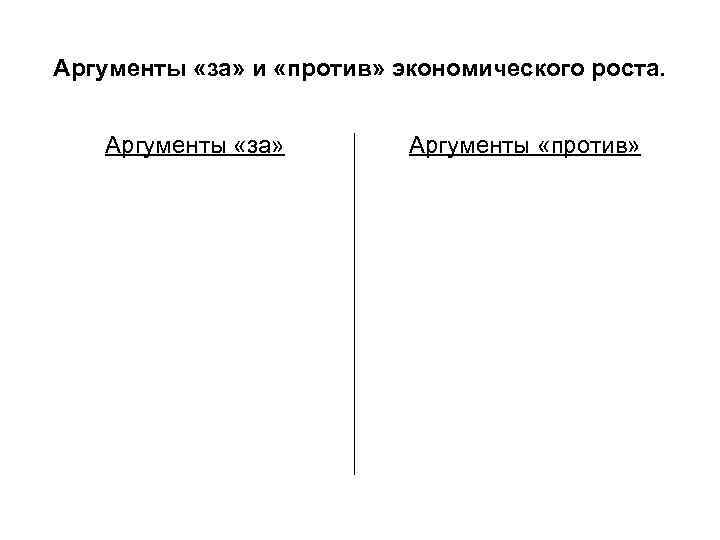 Аргументы «за» и «против» экономического роста. Аргументы «за» Аргументы «против» 