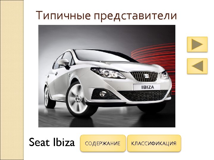 Типичные представители Seat Ibiza СОДЕРЖАНИЕ КЛАССИФИКАЦИЯ 