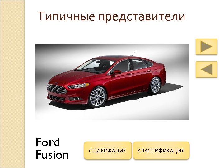 Типичные представители Ford Fusion СОДЕРЖАНИЕ КЛАССИФИКАЦИЯ 