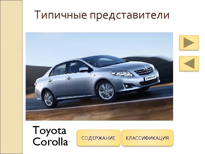 Типичные представители Toyota Corolla СОДЕРЖАНИЕ КЛАССИФИКАЦИЯ 