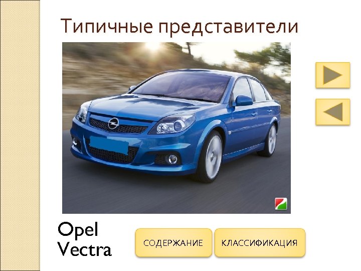 Типичные представители Opel Vectra СОДЕРЖАНИЕ КЛАССИФИКАЦИЯ 