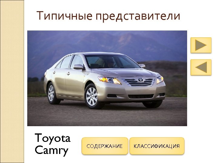 Типичные представители Toyota Camry СОДЕРЖАНИЕ КЛАССИФИКАЦИЯ 