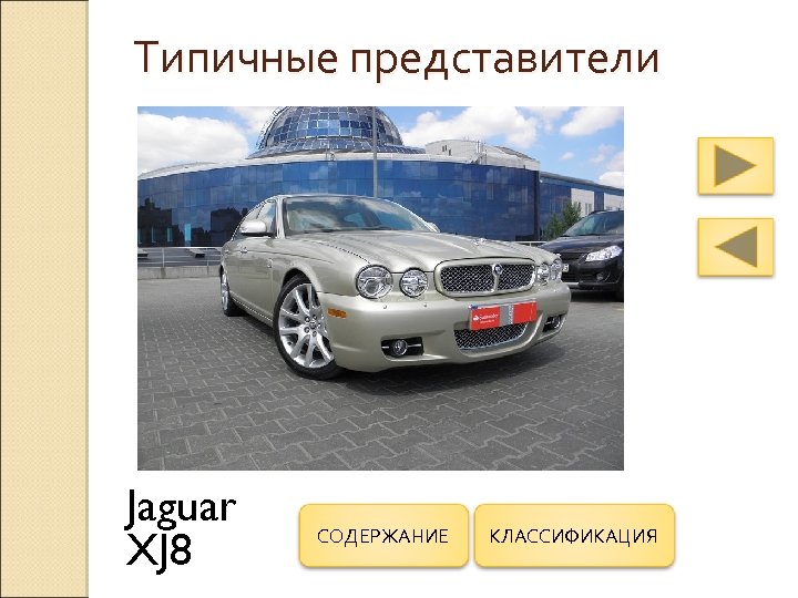 Типичные представители Jaguar XJ 8 СОДЕРЖАНИЕ КЛАССИФИКАЦИЯ 