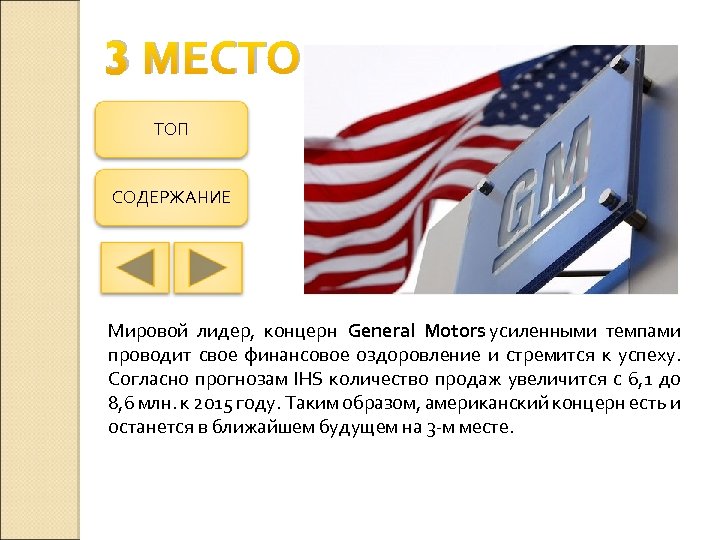 3 МЕСТО ТОП СОДЕРЖАНИЕ Мировой лидер, концерн General Motors усиленными темпами проводит свое финансовое