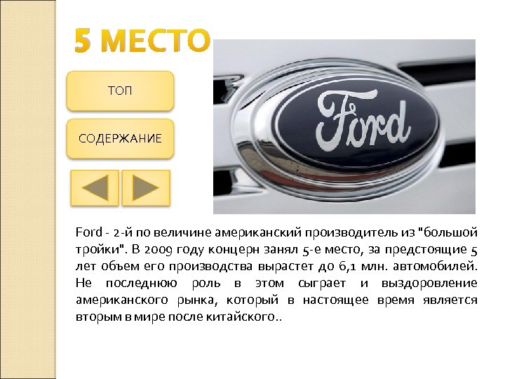 5 МЕСТО ТОП СОДЕРЖАНИЕ Ford - 2 -й по величине американский производитель из "большой