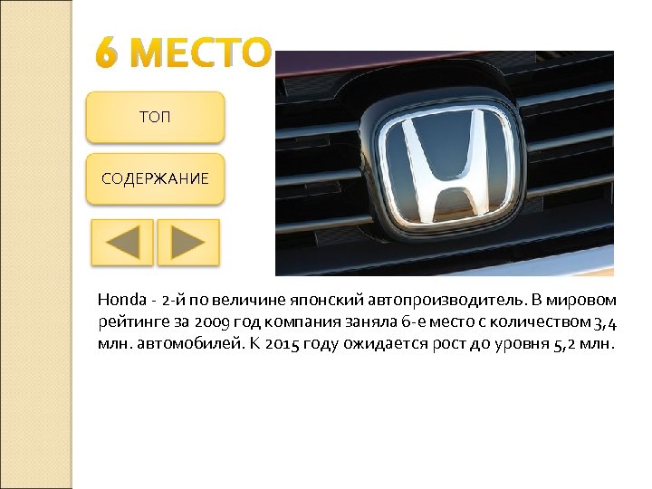6 МЕСТО ТОП СОДЕРЖАНИЕ Honda - 2 -й по величине японский автопроизводитель. В мировом