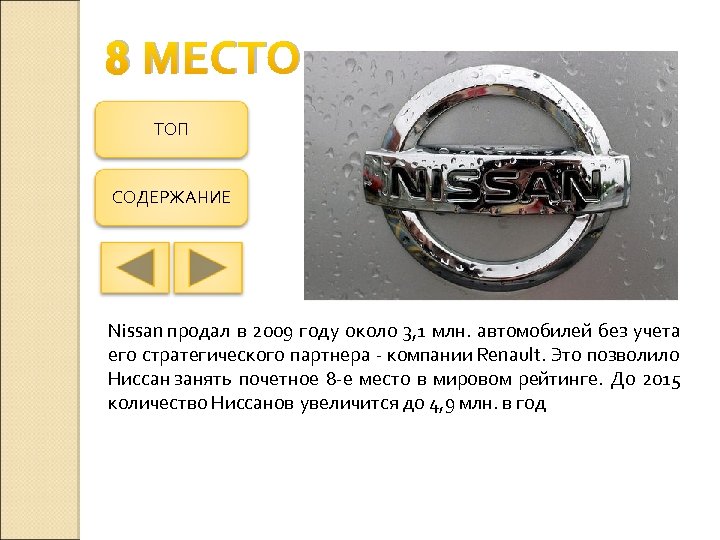 8 МЕСТО ТОП СОДЕРЖАНИЕ Nissan продал в 2009 году около 3, 1 млн. автомобилей