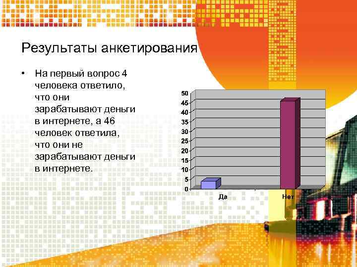 Результаты анкетирования • На первый вопрос 4 человека ответило, что они зарабатывают деньги в