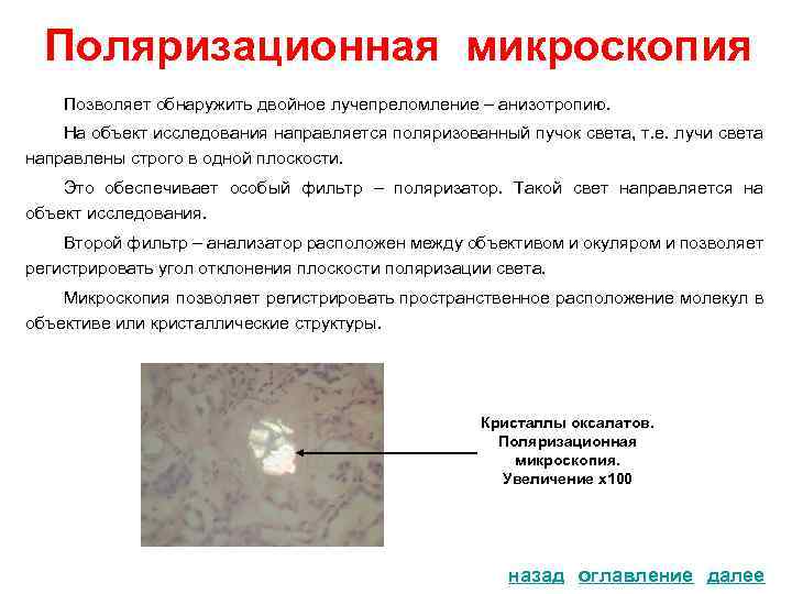 Поляризационная микроскопия Позволяет обнаружить двойное лучепреломление – анизотропию. На объект исследования направляется поляризованный пучок