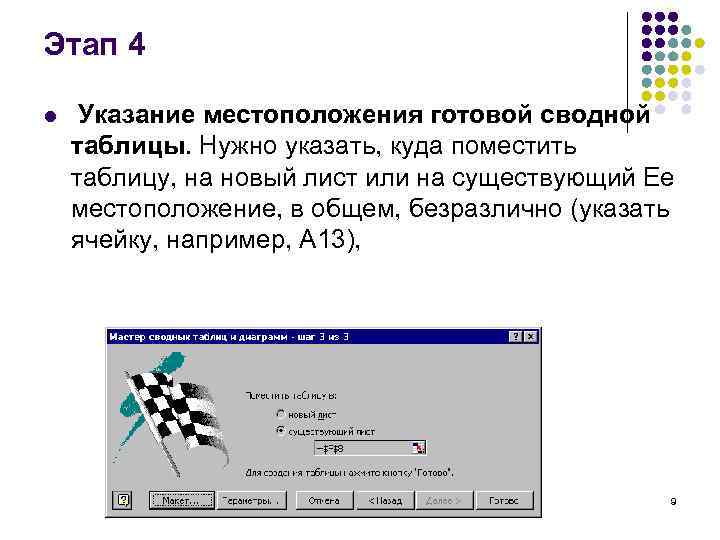 Этап 4 l Указание местоположения готовой сводной таблицы. Нужно указать, куда поместить таблицу, на