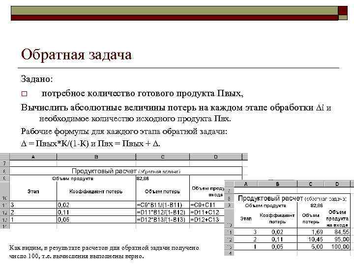 Обратная задача Задано: o потребное количество готового продукта Пвых, Вычислить абсолютные величины потерь на