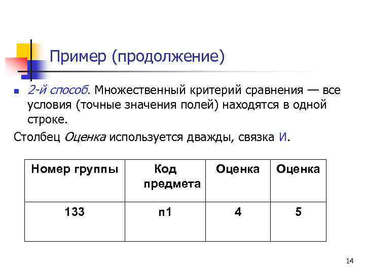 Пример (продолжение) n 2 -й способ. Множественный критерий сравнения — все условия (точные значения