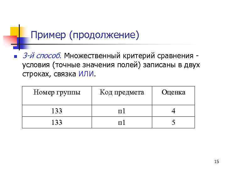 Пример (продолжение) n 3 -й способ. Множественный критерий сравнения - условия (точные значения полей)