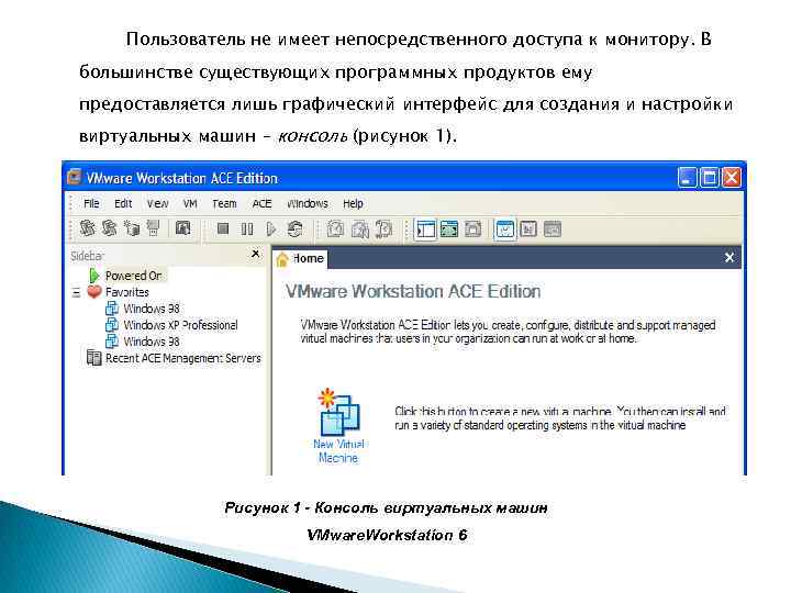 Пользователь не имеет непосредственного доступа к монитору. В большинстве существующих программных продуктов ему предоставляется