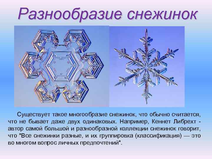 Разнообразие снежинок Существует такое многообразие снежинок, что обычно считается, что не бывает даже двух