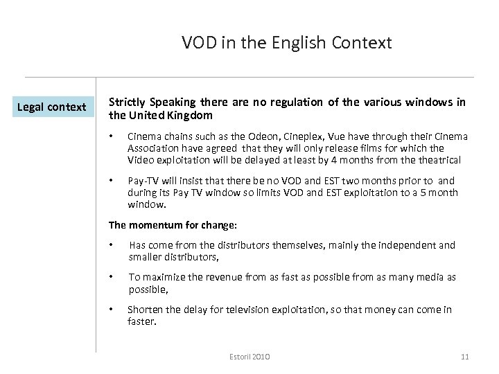 VOD in the English Context Legal context Strictly Speaking there are no regulation of