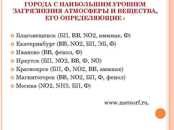 ГОРОДА С НАИБОЛЬШИМ УРОВНЕМ ЗАГРЯЗНЕНИЯ АТМОСФЕРЫ И ВЕЩЕСТВА, ЕГО ОПРЕДЕЛЯЮЩИЕ : Благовещенск (БП, ВВ,