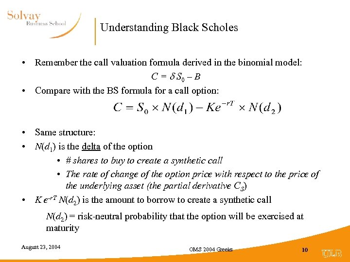 Understanding Black Scholes • Remember the call valuation formula derived in the binomial model: