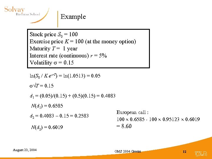 Example Stock price S 0 = 100 Exercise price K = 100 (at the