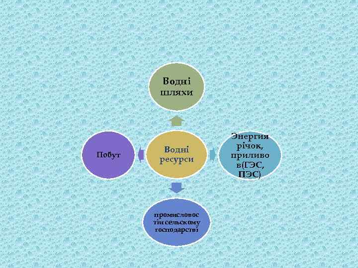 Водні шляхи Побут Водні ресурси промисловос тіи сельскому господарстві Энергия річок, приливо в(ГЭС, ПЭС)
