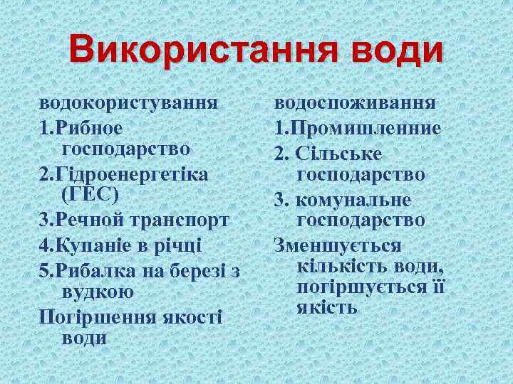 Використання води водокористування 1. Рибное господарство 2. Гідроенергетіка (ГЕС) 3. Речной транспорт 4. Купаніе