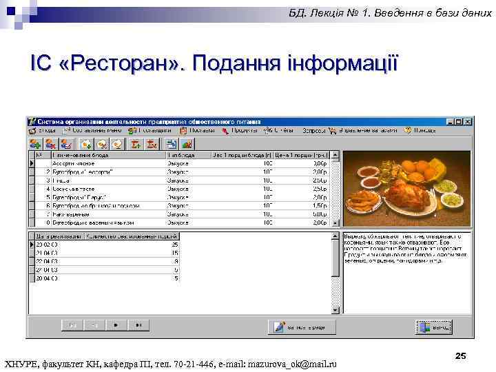 БД. Лекція № 1. Введення в бази даних ІС «Ресторан» . Подання інформації ХНУРЕ,