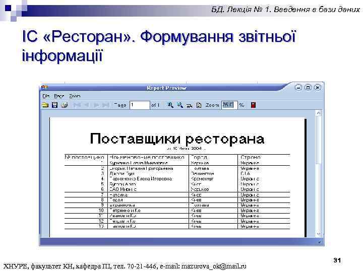 БД. Лекція № 1. Введення в бази даних ІС «Ресторан» . Формування звітньої інформації