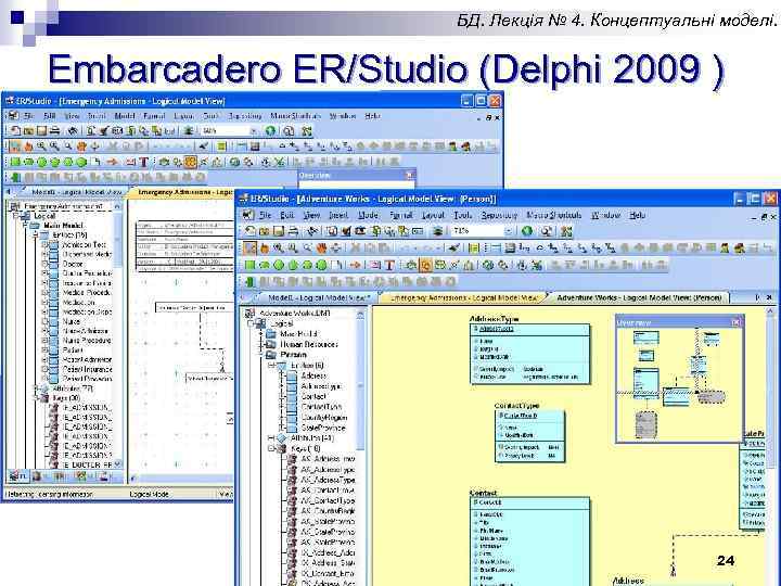 БД. Лекція № 4. Концептуальні моделі. Embarcadero ER/Studio (Delphi 2009 ) 24 