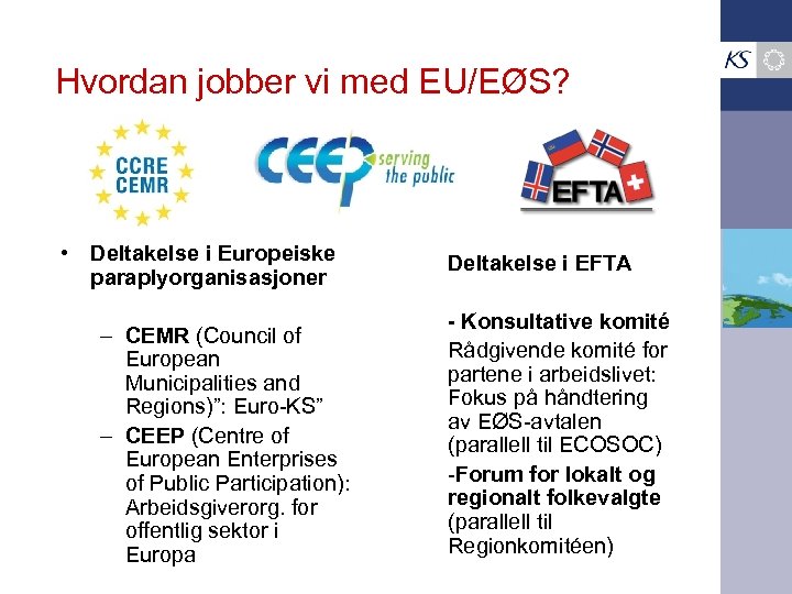 Hvordan jobber vi med EU/EØS? • Deltakelse i Europeiske paraplyorganisasjoner – CEMR (Council of