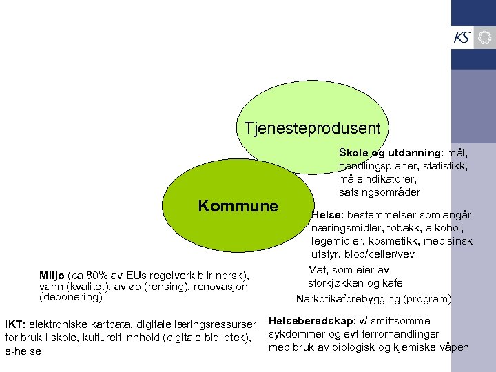 Tjenesteprodusent Kommune Miljø (ca 80% av EUs regelverk blir norsk), vann (kvalitet), avløp (rensing),