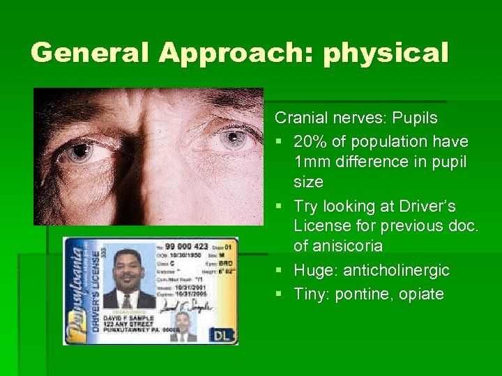 General Approach: physical Cranial nerves: Pupils § 20% of population have 1 mm difference