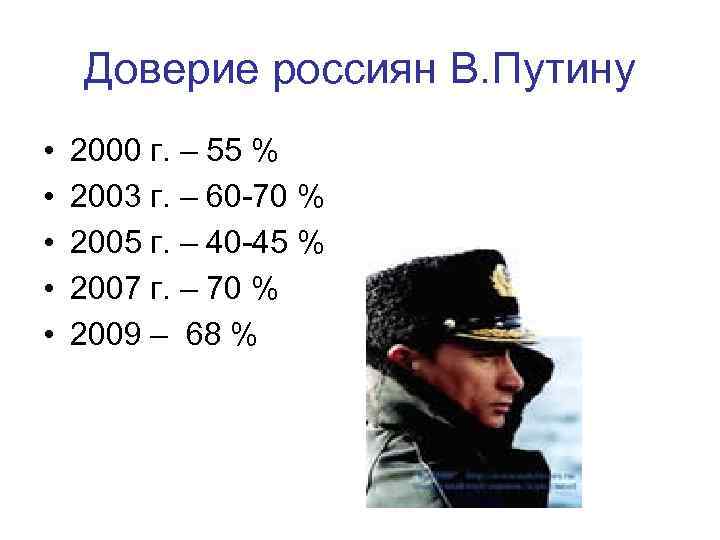 Доверие россиян В. Путину • • • 2000 г. – 55 % 2003 г.